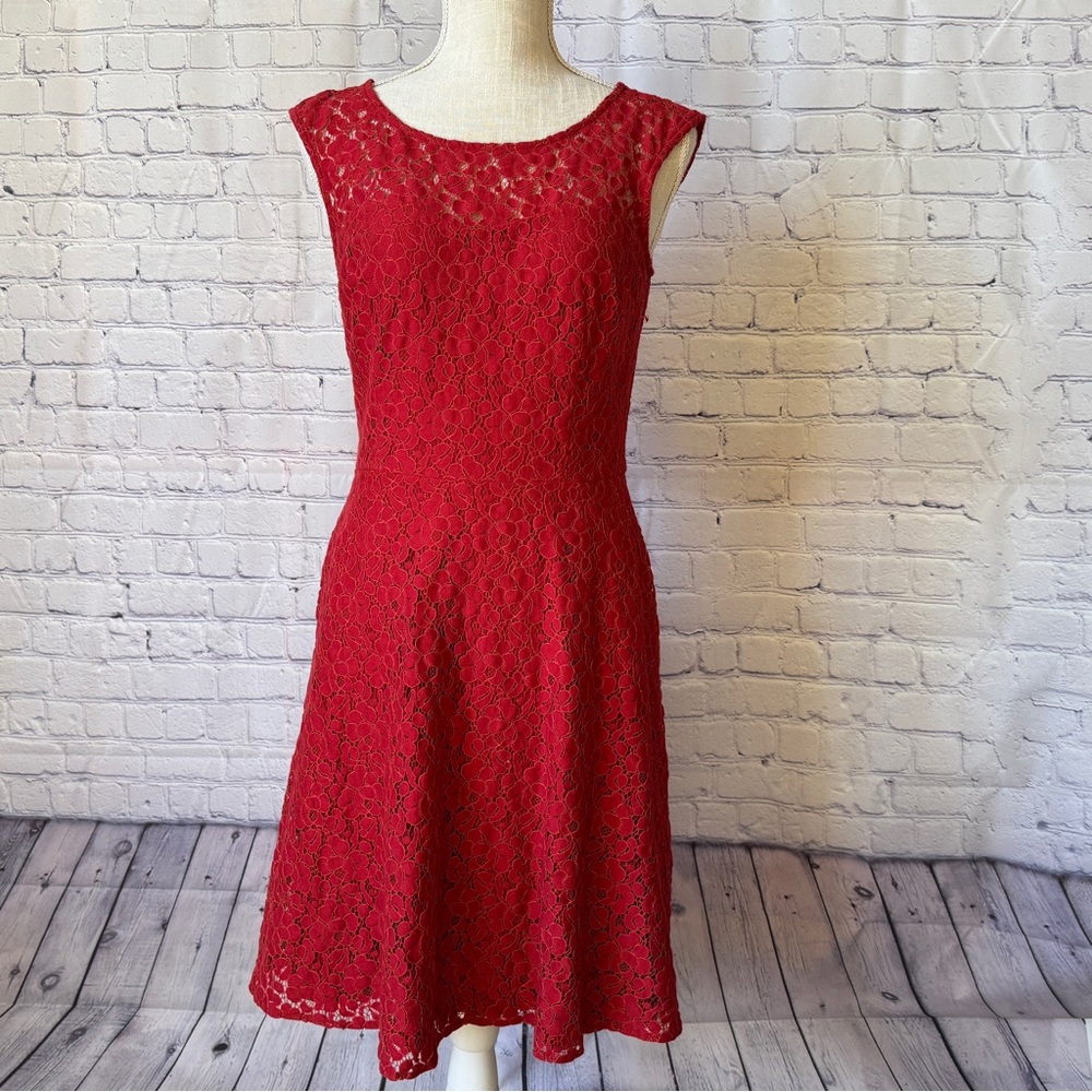WHBM Dress Deep Red Lace Fit & Flare Sleeveless Stretchy Lined S 4